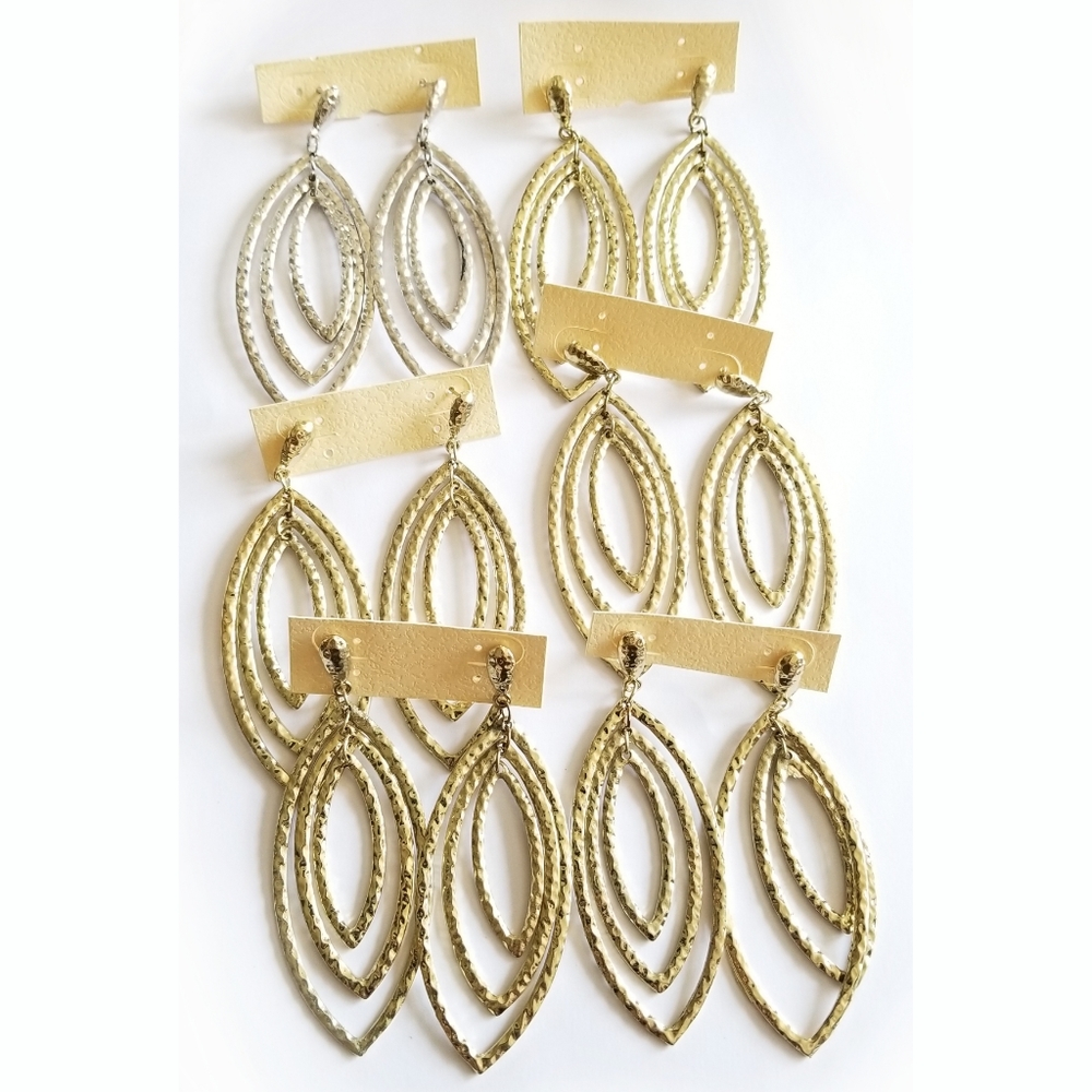 Lot of 6 pairs of large dangly earrings 5 gold tone 1 silver tone concentric